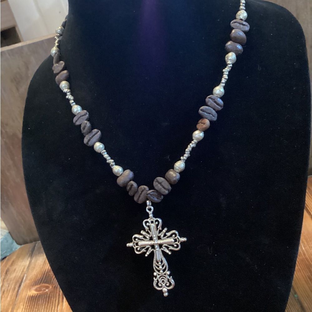 Handcrafted Bump’s Creations Coffee Beans And Cross Necklace